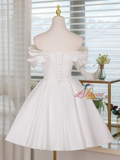 White Satin Pleats Bow Wedding Dress