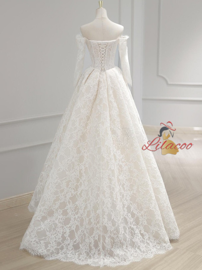 Simple White Lace Long Sleeve Off the Shoulder Wedding Dress