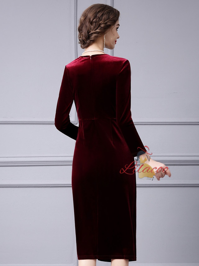 Burgundy Velvet V-neck Mother Of The Bride Dress