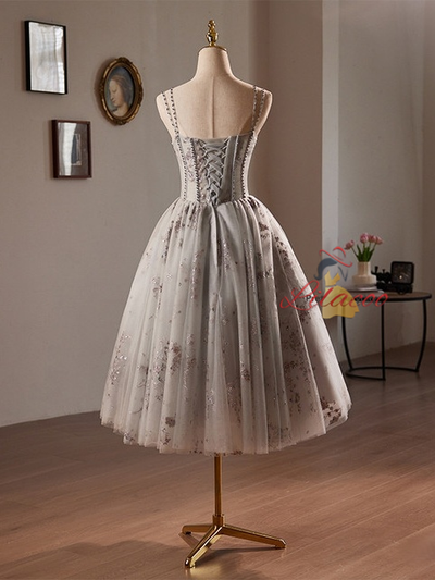 Gray Tulle Sequins Straps Beading Homecoming Dress