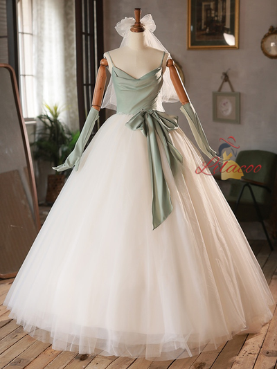 White Tulle Green Satin Straps Wedding Dress