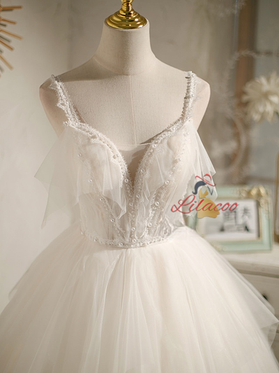 White Tulle Straps Pearls Homecoming Dress