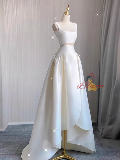 Ivory White Satin Hi Lo Straps Wedding Dress