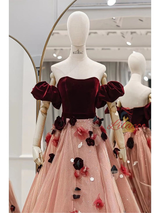 Burgundy Velvet 3D Flower Prom Dress