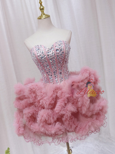 Pink Tulle Crystal Homecoming Dress