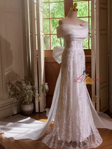 White Mermaid Sequins Bow Wedding Dress