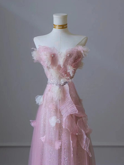 Pink Tulle Sequins Appliques Prom Dress