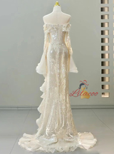 Gold Mermaid Sequins Pleats Long Sleeve Prom Dress