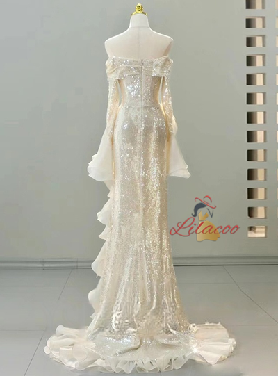 Gold Mermaid Sequins Pleats Long Sleeve Prom Dress