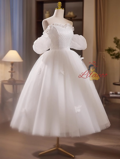 White Tulle Puff Sleeve Wedding Dress