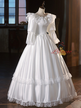 Vintage White Satin Long Sleeve Lace Wedding Dress