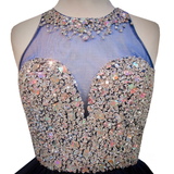 Navy Blue Beaded Crystals Homecoming Dress
