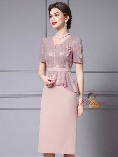 Pink Sequins V-neck Mother Of The Bride Dress