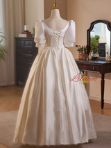 Ivory White Satin Short Sleeve Bow Wedding Dress