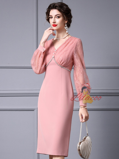 Pink Long Sleeve Lace Mother Of The Bride Dress