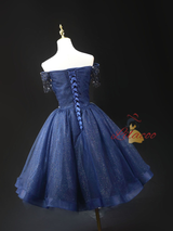 Navy Blue Tulle Off the Shoulder Beading Homecoming Dress