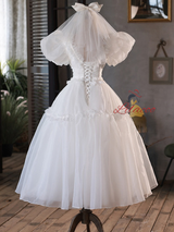 White Tulle Puff Sleeve Pleats Pearls Wedding Dress