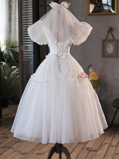 White Tulle Puff Sleeve Pleats Pearls Wedding Dress