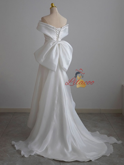 White Satin Off the Shoulder Wedding Dress