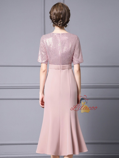 Pink Short Sleeve Sequins Flower Mother Of The Bride Dress