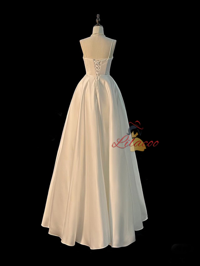 White Satin Spaghetti Straps Wedding Dress