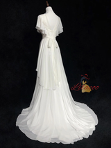 White Chiffon Appliques Pearls Wedding Dress
