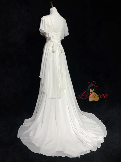 White Chiffon Appliques Pearls Wedding Dress