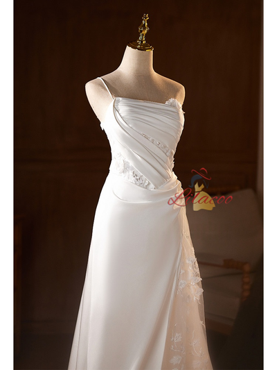 White Satin Straps Lace Pleats Wedding Dress