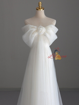White Tulle Off the Shoulder Pleats Wedding Dress