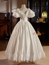 White Satin Lace Puff Sleeve Bow Wedding Dress