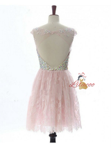 Pink Lace Backless Crystal Homecoming Dress