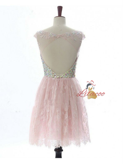 Pink Lace Backless Crystal Homecoming Dress