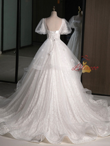 White Lace Puff Sleeve Square Neck Wedding Dress