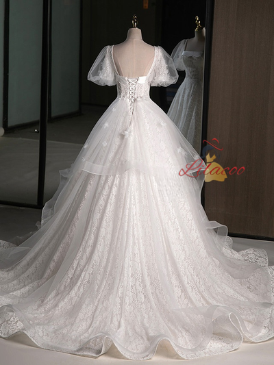 White Lace Puff Sleeve Square Neck Wedding Dress