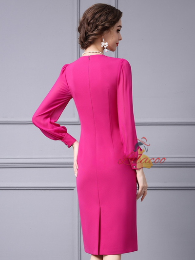 Fuchsia V-neck Long Sleeve Beading Mother Of The Bride Dress