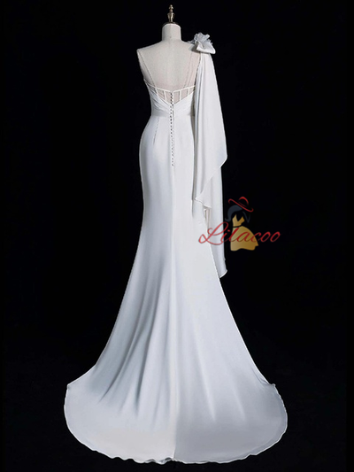 White Mermaid One Shoulder Pleats Wedding Dress