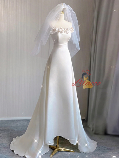 Simple White Satin Strapless Flower Wedding Dress