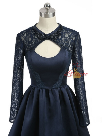 Navy Blue Long Sleeve Beading Homecoming Dress