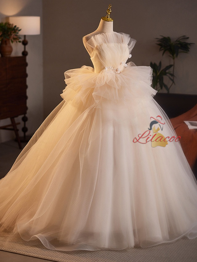 Champagne Tulle Appliques Wedding Dress
