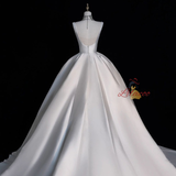 White Satin Straps Pleats Backless Wedding Dress