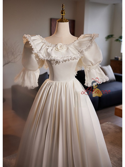 White Satin Lace Puff Sleeve Wedding Dress