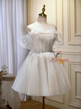 White Tulle Lace Beading Homecoming Dress