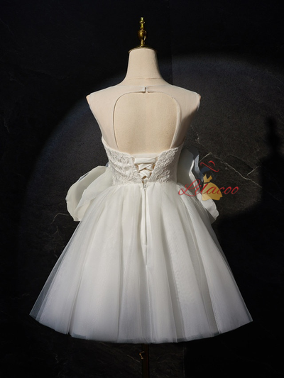 White Tulle Lace Backless 3D Flower Wedding Dress