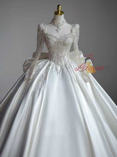 White Satin Long Sleeve Backless Beading Wedding Dress