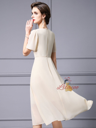 Apricot Short Sleeve Pleats Mother Of The Bride Dress