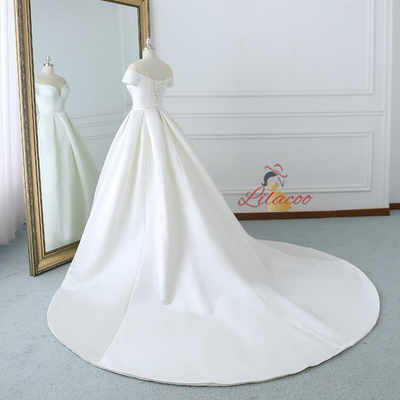 White Satin Scoop Neck Wedding Dress