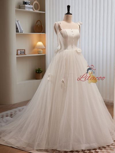 White Tulle Spaghetti Straps Pearls Bow Wedding Dress