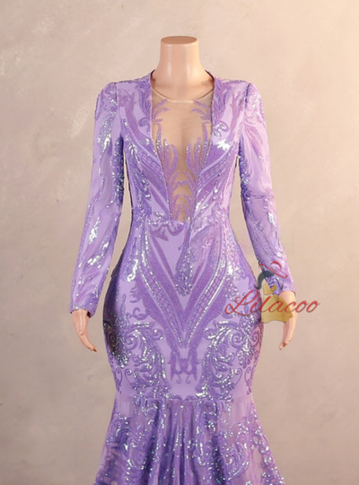 Purple Mermaid Long Sleeve Sequins Prom Dress