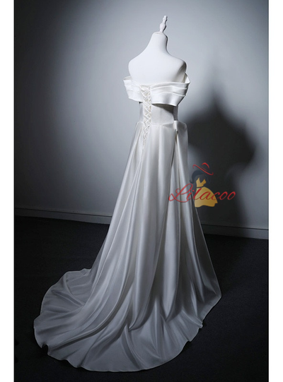 White Satin Pleats Wedding Dress