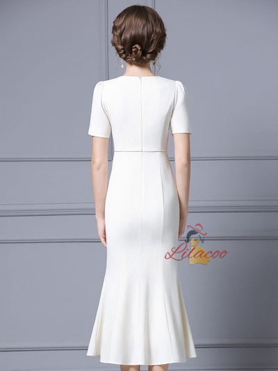 Beige White Flower Beading Mother Of The Bride Dress